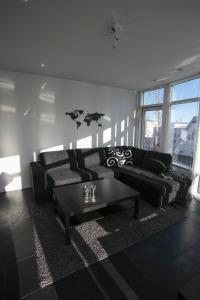 レイキャビクにあるLoft Apartments - City Centerのリビングルーム(黒いソファ、テーブル付)