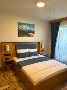 a bedroom with a large bed with a mountain at Grand Rimedya Hotel in Karabağ +15 photos