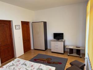 a small living room with a television and a desk at Vila Gemenii in Sovata