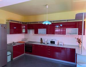 a red kitchen with red cabinets and a sink at Vila Gemenii in Sovata