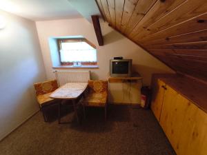 a small room with a table and a tv at Pension V Doubí in Slavče +13 photos