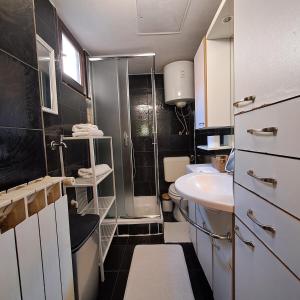 a small bathroom with a shower and a sink at E & E apartment in Koper