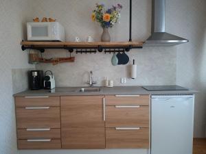 a kitchen with a sink and a microwave at Sfeervolle Studio 't kapucijntje Ossendrecht, near Antwerp in Ossendrecht +16 photos