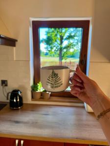 a person holding a bowl on top of a counter at Między łąką a lasem in Żdżar