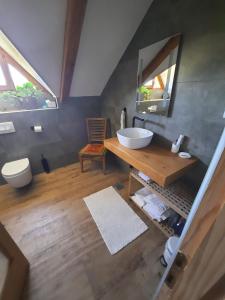 a bathroom with a sink and a toilet and a mirror at Soba Gallo in Latin