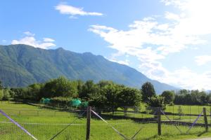 a fence in a field with mountains in the background at TAVANIs HOUSE in Delebio +5 photos