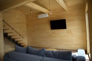 a living room with a blue couch and a tv at Barnhouse VOLOVETS in Volovets