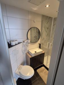 a bathroom with a toilet and a sink and a mirror at Cozy & Elegant Central Apartments in Hannover