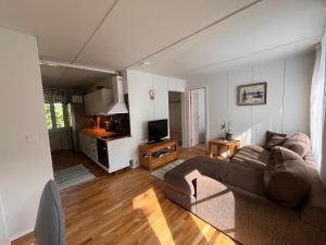 a living room with a couch and a television at Juurikkalahti Adventure Center in Kajaani