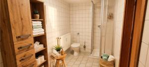 a bathroom with a shower and a toilet in it at die perfekte Auszeit in Illingen +16 photos