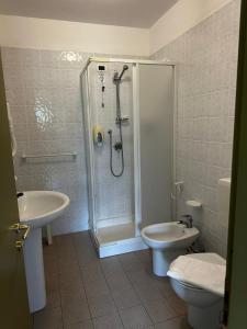 a bathroom with a shower and a toilet and a sink at Hotel du Foyer Brusson in Brusson