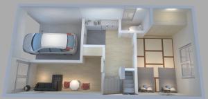 a floor plan of a small apartment with a tv at nonnon house in Osaka