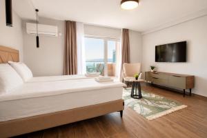 a bedroom with a bed and a television and a couch at Apartments Ilija in Ohrid