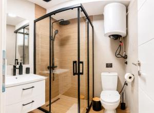 a bathroom with a shower and a toilet at Apartments Ilija in Ohrid +73 photos
