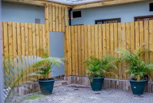 a wooden fence with three potted plants on a patio at Olivia Green Lodge in Arusha
