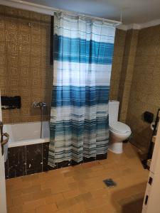 a bathroom with a toilet and a shower curtain at Flat30 - Cosy apartment in Park of Kipseli- Xanthi in Xanthi