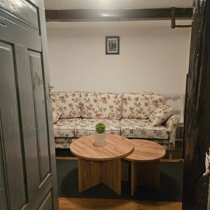 a living room with a couch and a table at Country house in nature -10 min from Nikola Tesla Memorial Center-peace and privacy in Klanac