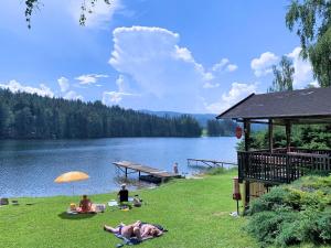 a group of people laying on the grass near a lake at Ein JUWEL "zum-Auerhahn" in Modriach