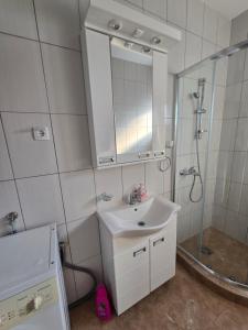 a bathroom with a sink and a shower with a mirror at Nin Apartman Free Parking in Kaluđerica