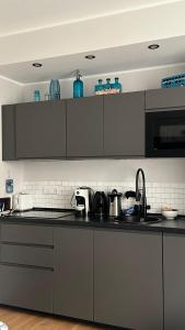 a kitchen with gray cabinets and a counter top at Centro Storico Caruggi 2min Acquario Pellicceria Superior Loft Palazzo Rolli in Genoa