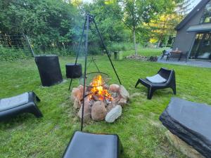 a fire pit with teddy bears around it in a yard at Sauna-ForRest in Marynin +10 photos