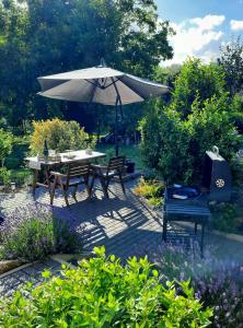a table and chairs under an umbrella in a garden at Vulcanus Apartment in Badacsonytomaj +18 photos
