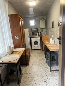 a kitchen with two tables and a washing machine at Wooden house in Kutaisi