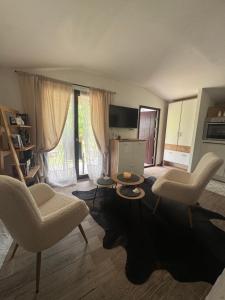 a living room with two chairs and a table at Danguba 5 in Nova Pazova +6 photos