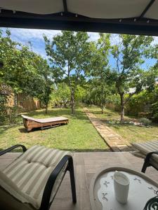 a view of a backyard with a table and a bench at Danguba 5 in Nova Pazova