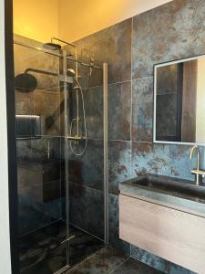 a bathroom with a shower and a sink at B&B De Cootjes in Ossendrecht