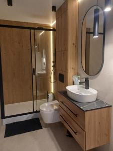 a bathroom with a sink and a toilet and a mirror at Wieliczka4You in Wieliczka