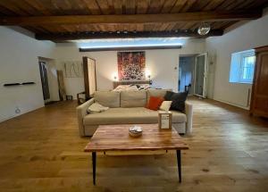 a living room with a couch and a coffee table at Phreude Loft in Aschach an der Donau