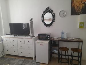 a room with a tv and a table with a microwave at S C I TREFLe in Vernon