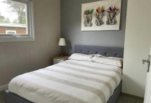 a bedroom with a bed and a picture of cats at Cosy Cabin in Bucks Mills +3 photos
