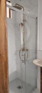 a shower with a glass door and a glass shelf at O rincón do Mimo in Ribeira