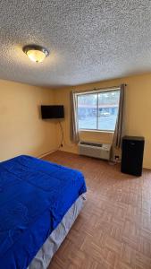 a bedroom with a blue bed and a window at Blue Mountain Motel in Okanogan