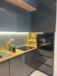 a kitchen with gray cabinets and a black appliance at Bluvera in Šušanj