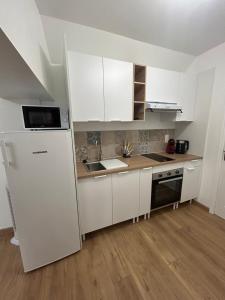 a white kitchen with a refrigerator and a sink at Le refuge des coteaux in Trelou Sur Marne