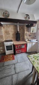 a small kitchen with a stove and a sink at Casa Silvia in Promontogno +10 photos