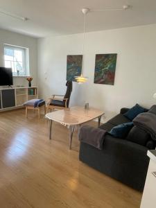 ein Wohnzimmer mit Sofa und Tisch in der Unterkunft Bogense strand in Bogense