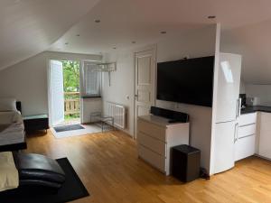 a living room with a bed and a kitchen with a television at Studio i Nykvarn in Nykvarn