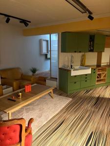a kitchen and living room with green cabinets and a table at L Atelier Secret in Guebwiller