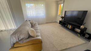 a living room with a couch and a flat screen tv at La Maison Greenvallée in Meillonnas