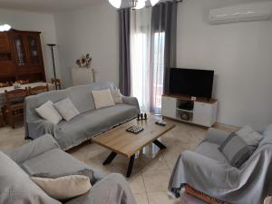 a living room with two couches and a tv at Villa Eleni in Kypséli