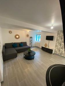 a living room with a couch and a tv at Loft cosy 4 in city center in Saint-Benoît-sur-Loire