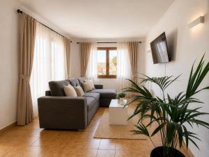 a living room with a couch and a plant at BRESSOL DELUXE Apartments in Port de Pollensa