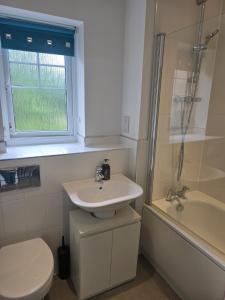 a bathroom with a sink and a toilet and a shower at Grace's Place in Milton in Milton