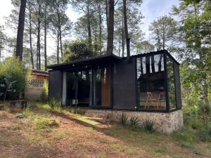a black house with glass windows on a field at Cabañas Bosque Antiguo in Tapalpa