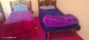 two beds with purple sheets in a room at Camping Imdghas in Tilmi