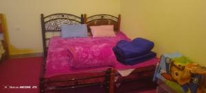 a bedroom with a bed with pink sheets and blue pillows at Camping Imdghas in Tilmi